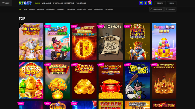 An online casino lobby screenshot showing a grid of game tiles under a 'TOP' heading with category tabs and a top navigation bar.