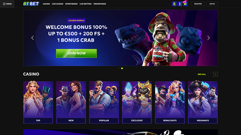 An online casino homepage for RTBET showing a welcome bonus banner and a row of six casino category tiles.