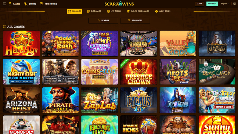 A casino lobby screen on the ScaraWins site showing a grid of game tiles under an 'ALL GAMES' heading with top navigation and category tabs.