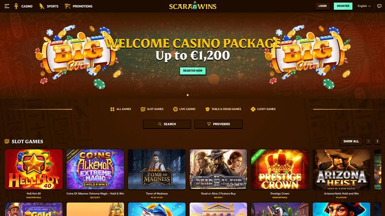 Scarawins online casino lobby showing a welcome bonus banner and a row of slot game tiles.
