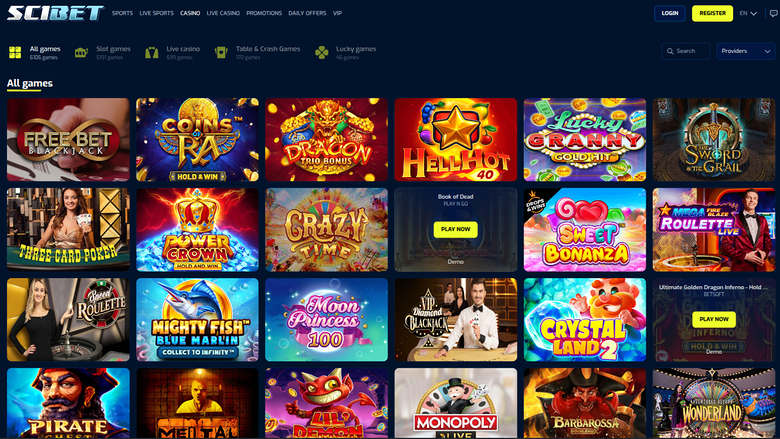 A casino lobby screen on the Scibet site showing an 'All games' grid of game tiles under a dark header with sports and casino menu links.