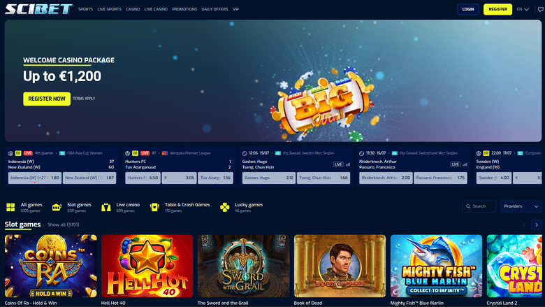 SciBet casino lobby homepage showing a welcome bonus banner, a row of live sports betting odds, and a grid of slot game tiles.