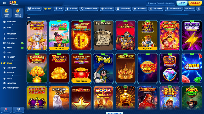 An online casino lobby screen showing a grid of game tiles under a 'Top' heading with a left sidebar and top navigation bar.