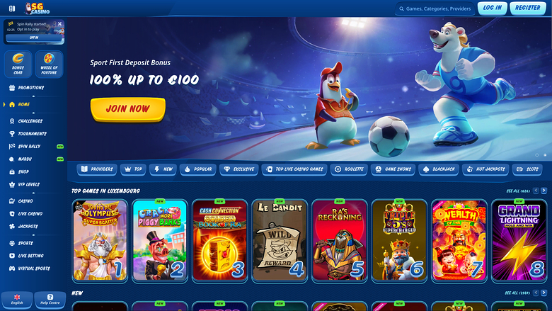 A 56 Casino online lobby screen showing a sports-themed first deposit bonus banner above a row of numbered game tiles.