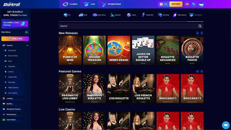 Sharkroll Casino — Live dealer lobby