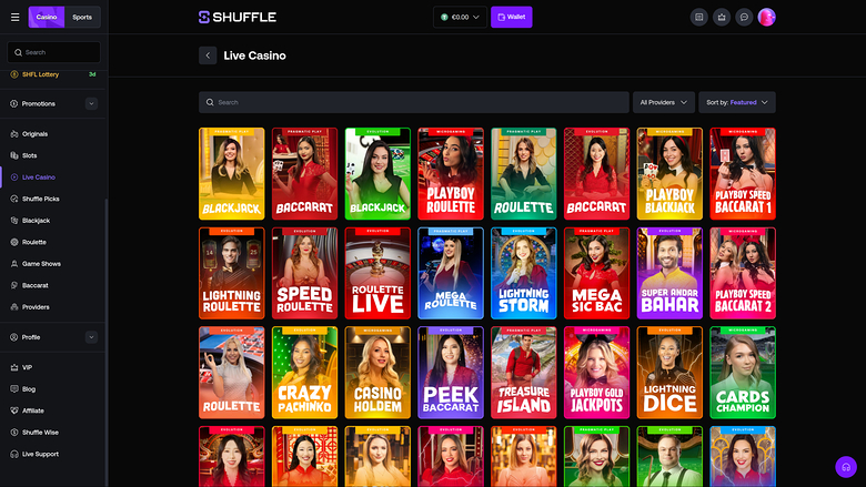Shuffle Casino — Live dealer lobby