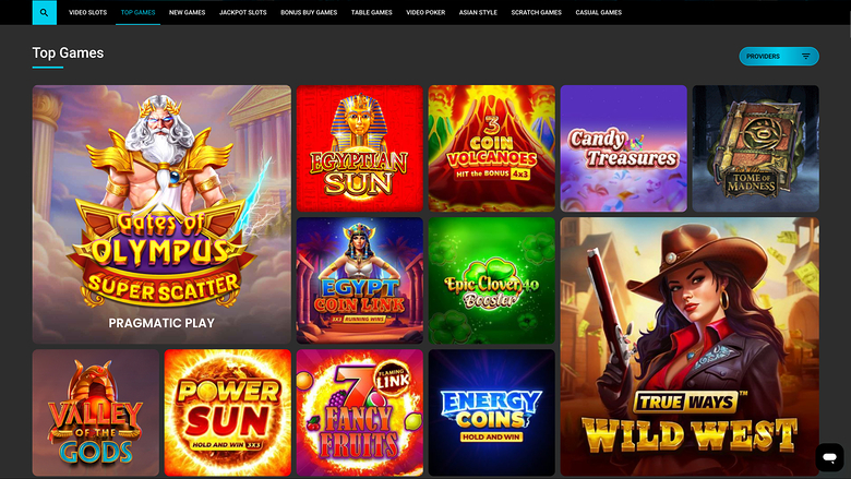 A casino lobby screen titled Top Games showing a grid of game tiles under a horizontal category menu.