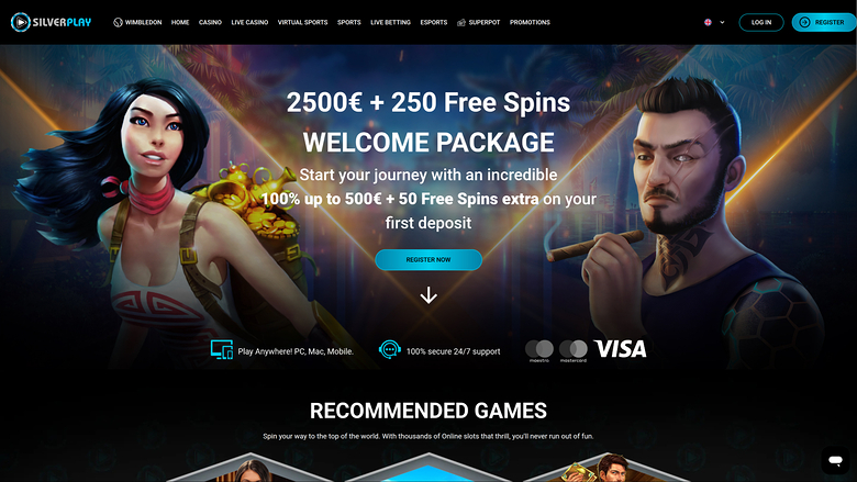 SilverPlay casino homepage showing a welcome package hero banner above a Recommended Games section.