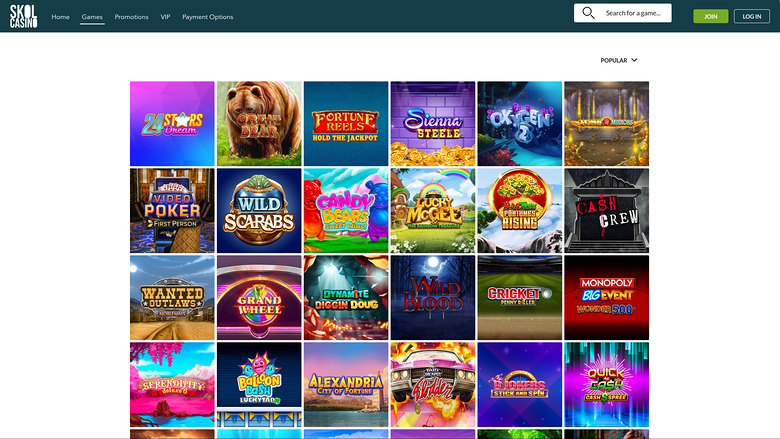 A casino lobby screen showing a grid of game tiles under a top navigation bar with login and join buttons.
