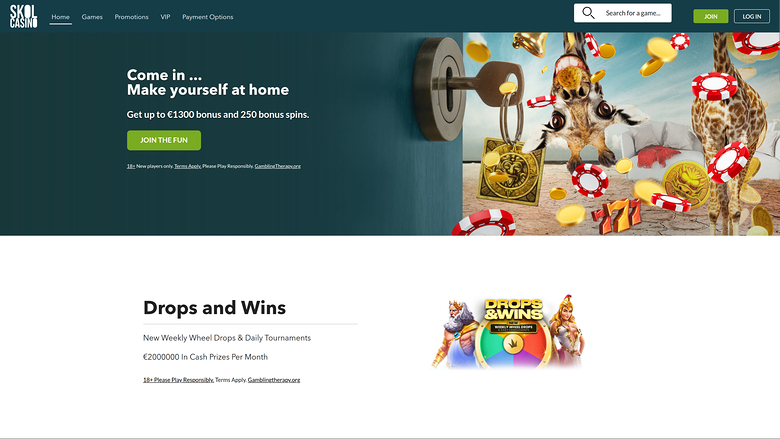 A casino homepage hero banner shows a welcome bonus offer beside a giraffe-and-key illustration, with a Drops and Wins section below.