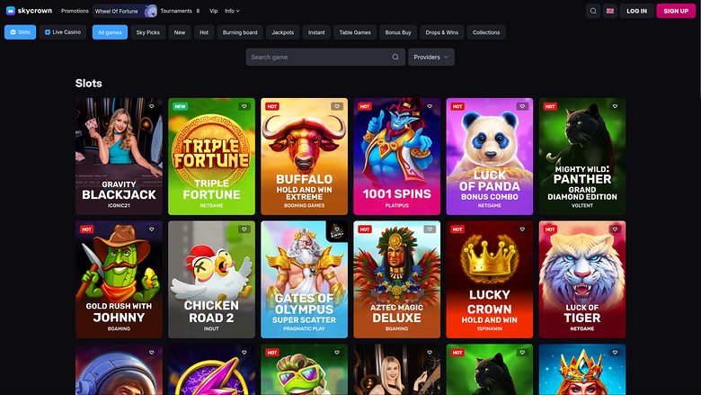 A desktop casino lobby screenshot showing a top navigation bar, a search field, and a grid of slot game tiles under a Slots heading.