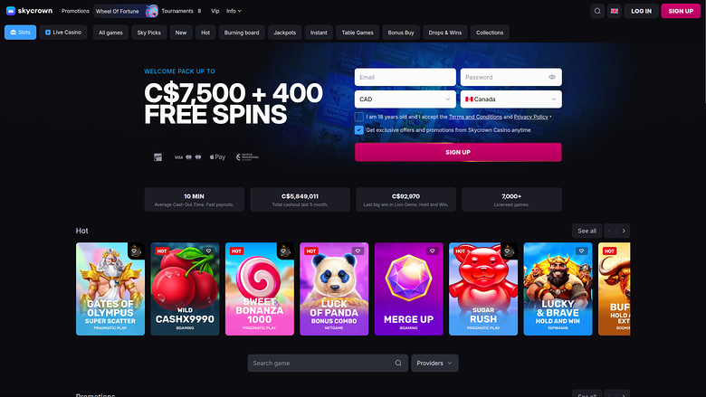 A Skycrown online casino homepage showing a sign-up form beside a C$7,500 plus 400 free spins welcome offer and a row of game tiles.