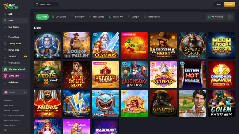 A desktop online casino lobby showing a 'Slots' category with a grid of game tiles and a left sidebar menu.