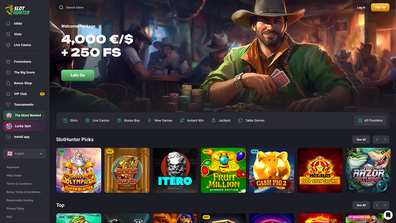 A Slot Hunter online casino lobby with a cowboy-themed welcome banner offering 4,000 EUR/$ plus 250 FS and a row of game tiles below.