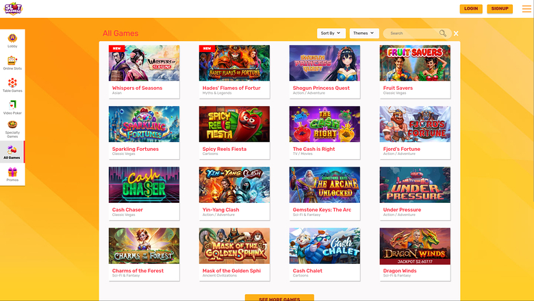 An online casino lobby page titled 'All Games' showing a grid of sixteen game tiles with a left sidebar of categories and a top bar with login and signup button