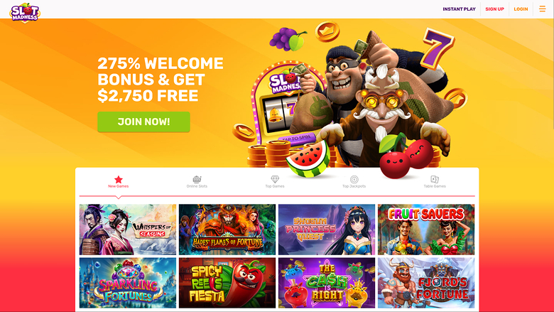 A Slot Madness casino landing page showing a 275% welcome bonus offer above a grid of game thumbnails and category tabs.