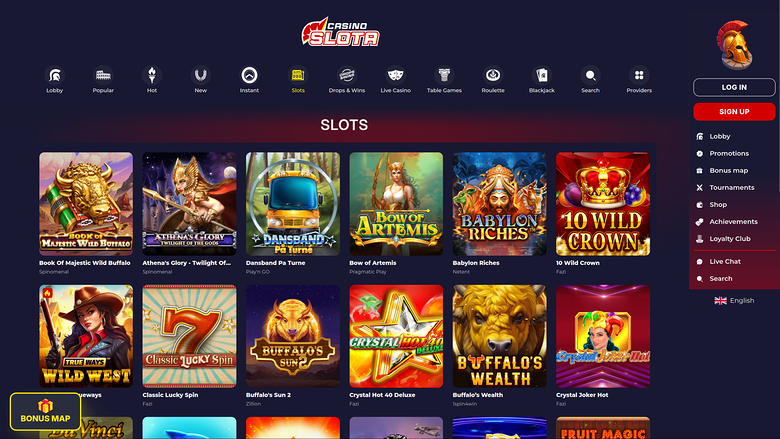 An online casino lobby page titled SLOTS showing a grid of game tiles with a top icon menu and a right-hand account sidebar.