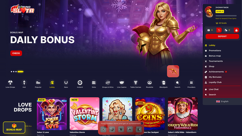 An online casino lobby screenshot showing a 'Daily Bonus' hero banner, a category icon row, game tiles, and a right-hand account sidebar.