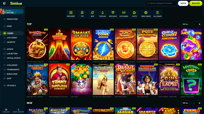 A desktop online casino lobby shows a dark-themed Slotex page with a left sidebar, top game category tabs, and rows of game tiles under TOP and NEW headings.