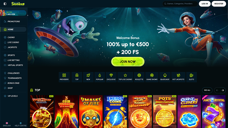 A Slotex casino lobby homepage showing a welcome bonus hero banner and a row of game tiles under a TOP heading.