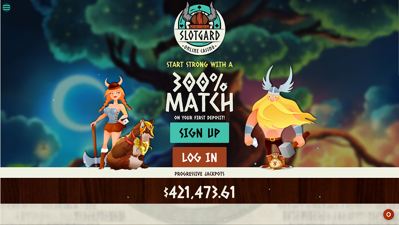 A Slotgard online casino landing screen shows a 300% match welcome offer with Sign Up and Log In buttons above a progressive jackpot total.