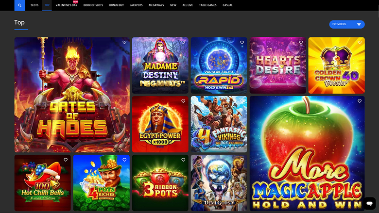A casino lobby screen shows a 'Top' section of game tiles beneath a horizontal category menu.