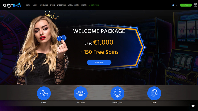 A Slotimo casino homepage showing a welcome package hero banner with a woman holding a blue poker chip and four category icons below.