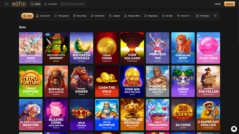 A casino lobby screen showing a 'Slots' section with a grid of game tiles under a top navigation bar.