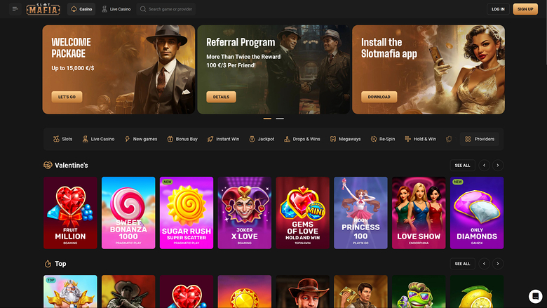 A dark-themed online casino lobby shows a welcome package banner, referral and app-install banners, a category icon row, and game tiles under Valentine's and To