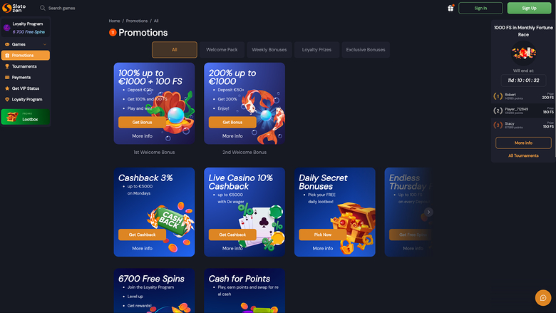 Slotozen Casino — Promotions page