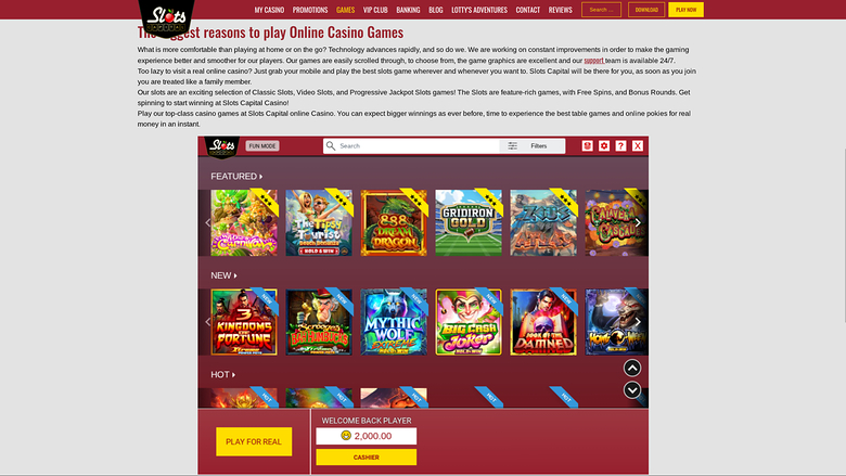 A desktop screenshot of the Slotz Casino online casino homepage showing a promotional text block above a game lobby with Featured, New and Hot game rows.