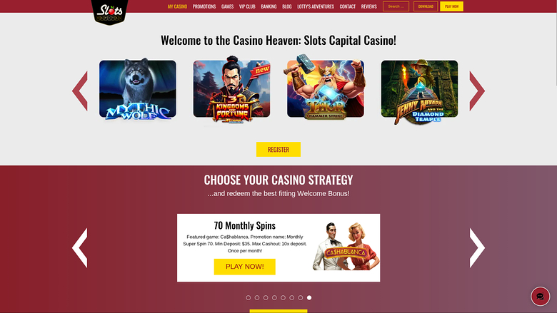 A casino landing page headed 'Welcome to the Casino Heaven: Slots Capital Casino!' showing a game carousel and a '70 Monthly Spins' promotion panel.