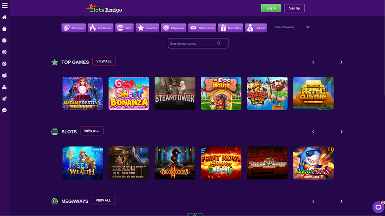 An online casino lobby page titled SlotsAmigo showing category tabs, a search field, and rows of game tiles under Top Games, Slots, and Megaways headings.