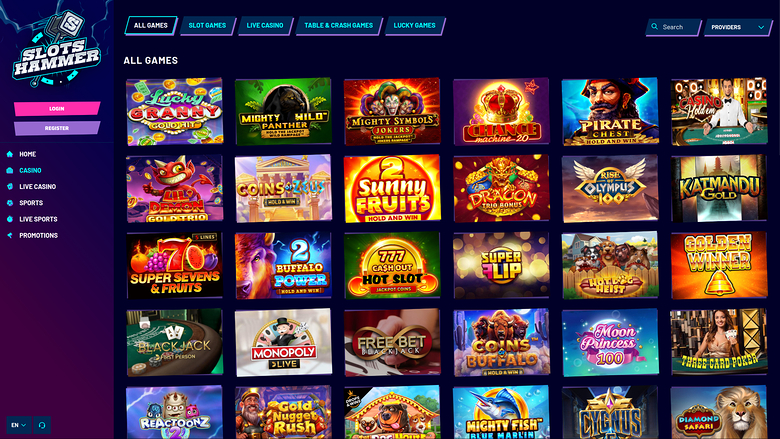 An online casino lobby titled 'Slots Hammer' showing a grid of game tiles under an 'ALL GAMES' heading with category tabs above.