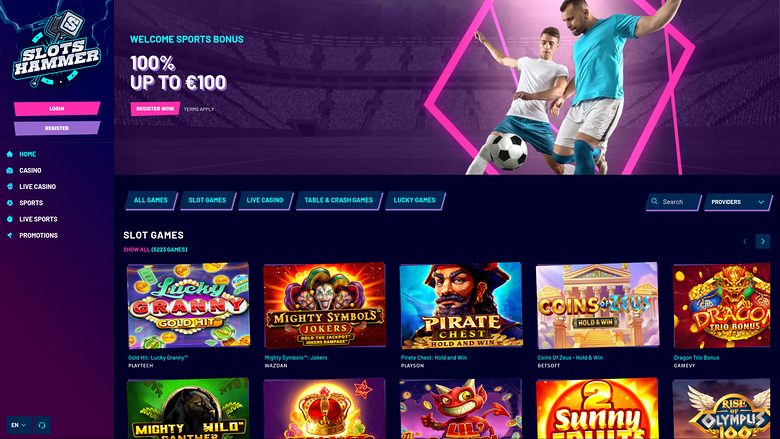 An online casino lobby for 'Slots Hammer' showing a welcome bonus banner and a grid of slot game tiles.