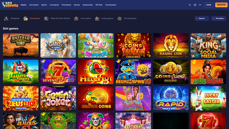 A casino lobby screen showing a grid of slot game tiles under a dark blue header with login and register buttons.