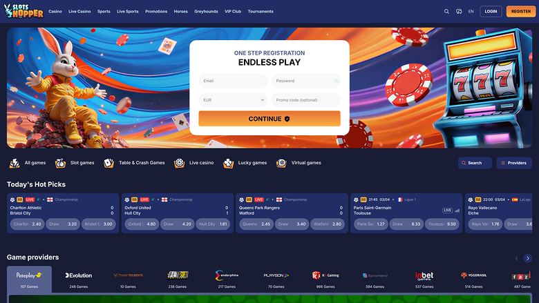 A casino homepage with a one-step registration modal over a rabbit-themed hero banner, category icons, a Today's Hot Picks betting section and a game providers