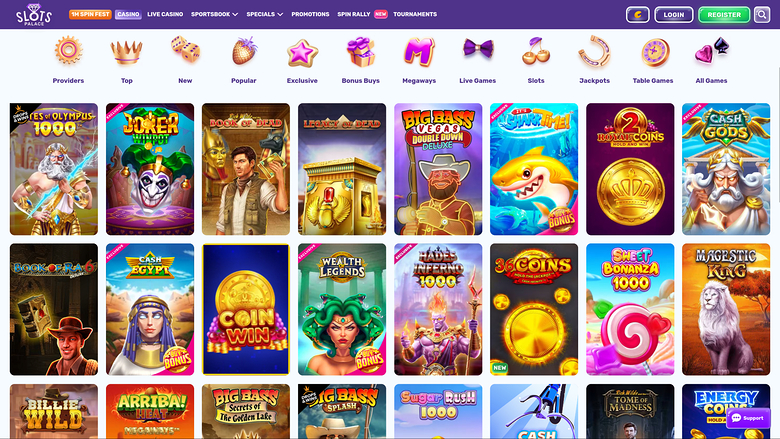 An online casino lobby page showing a top navigation bar, a row of category icons, and a grid of game thumbnails.