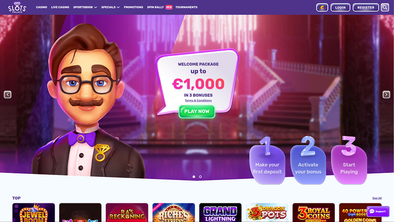 A desktop online casino homepage shows a welcome package hero banner above a row of game tiles labelled TOP.
