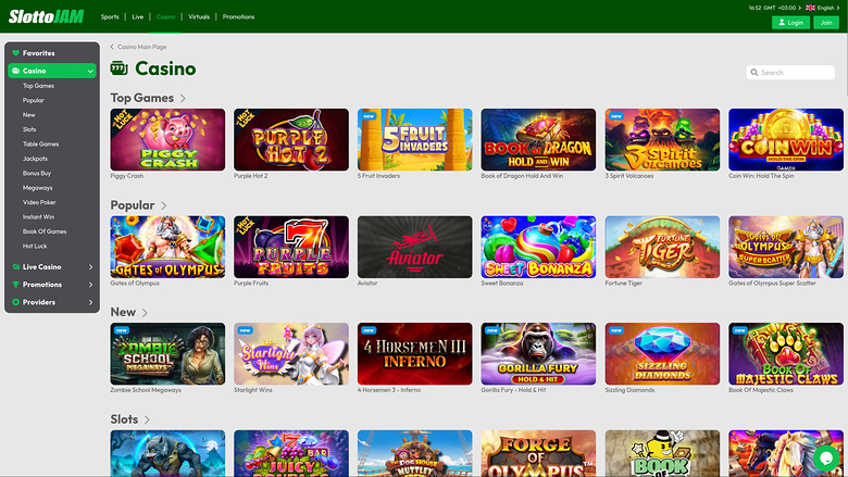 A desktop online casino lobby page titled Casino showing game tiles grouped into Top Games, Popular, New and Slots rows.