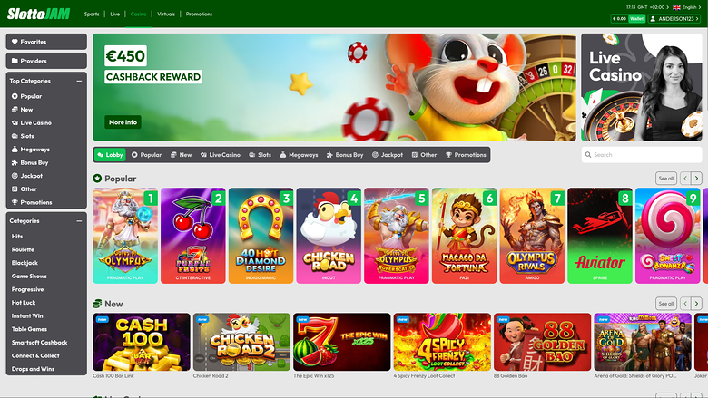 Slotto AM casino lobby screen showing a €450 cashback reward banner, a Live Casino promo, and rows of game tiles under Popular and New sections.
