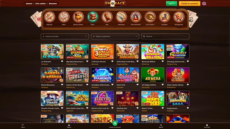 An online casino lobby page titled SMOKACE showing a row of category icons, filter dropdowns, a search field and a grid of game tiles.