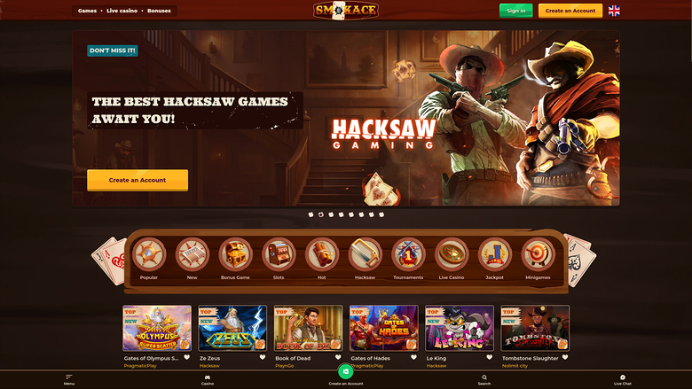 A desktop online casino homepage for Smokace showing a Hacksaw Gaming promotional hero banner and a row of game category icons above a grid of game tiles.
