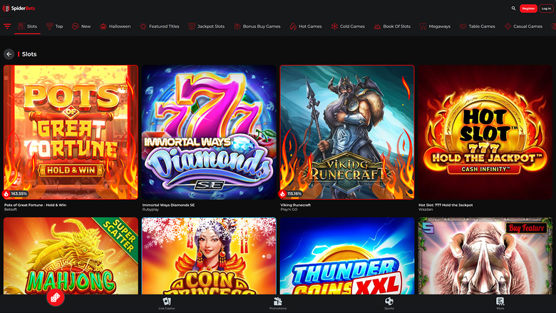 A 'Slots' lobby page on an online casino site showing a grid of eight game tiles under a category menu.