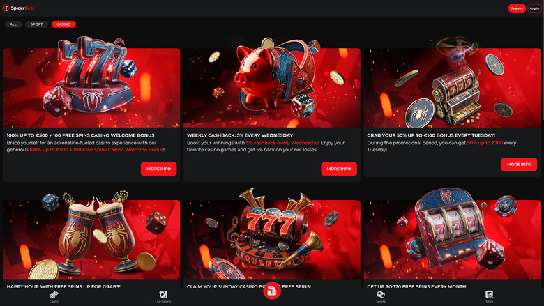 A casino promotions page shows six red-themed bonus tiles with 3D slot graphics and a bottom navigation bar.