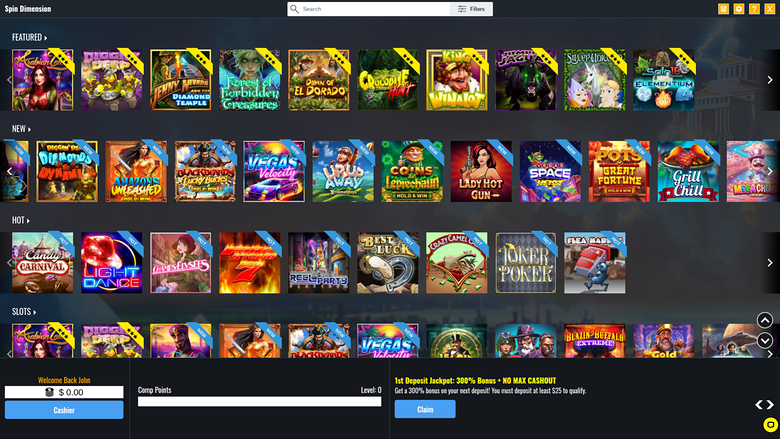 A desktop online casino lobby titled 'Spin Dimension' showing rows of game thumbnails above a logged-in account bar and a first-deposit bonus banner.