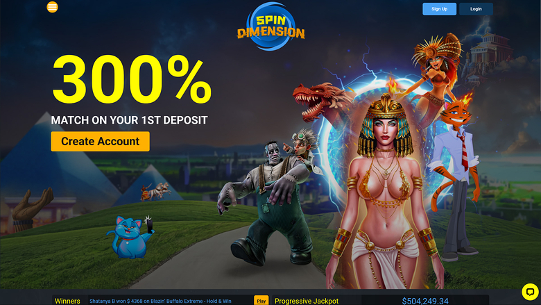 A casino landing page for Spin Dimension showing a 300% first-deposit bonus offer with a Create Account button and a row of game characters.