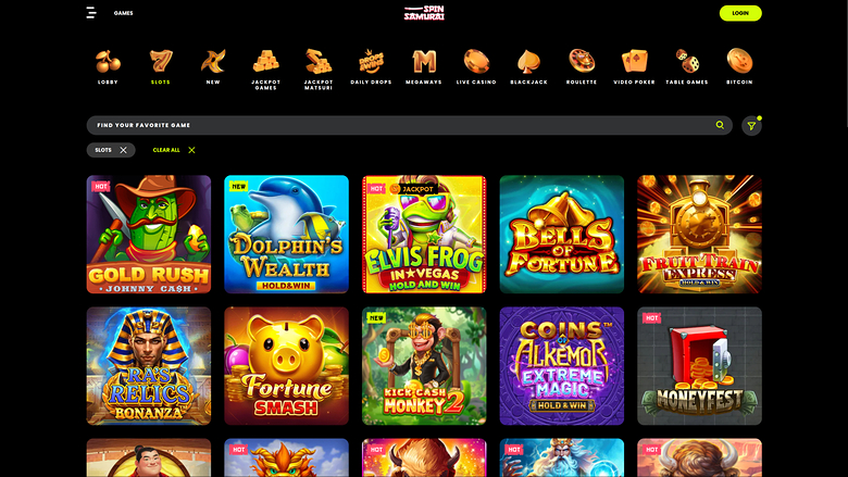 A casino lobby screen showing a top game-category bar, a search field with a 'Slots' filter applied, and a grid of slot game tiles.