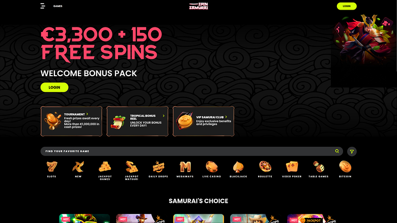 A dark-themed online casino homepage shows a C$3,300 plus 150 free spins welcome bonus, a login button, promotional tiles, a game search bar, category icons and