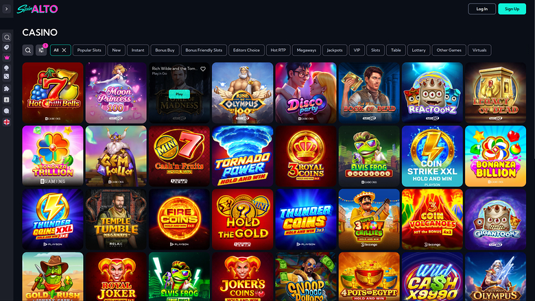 A casino lobby screen showing a grid of game tiles under a 'CASINO' heading with category tabs and a top bar containing Login and Sign Up buttons.